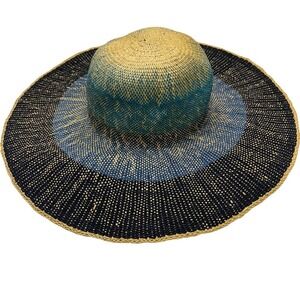 J. Crew Blue and Cream Woven Straw Beach Hat One Size